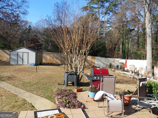 view of yard featuring a patio area and a storage unit