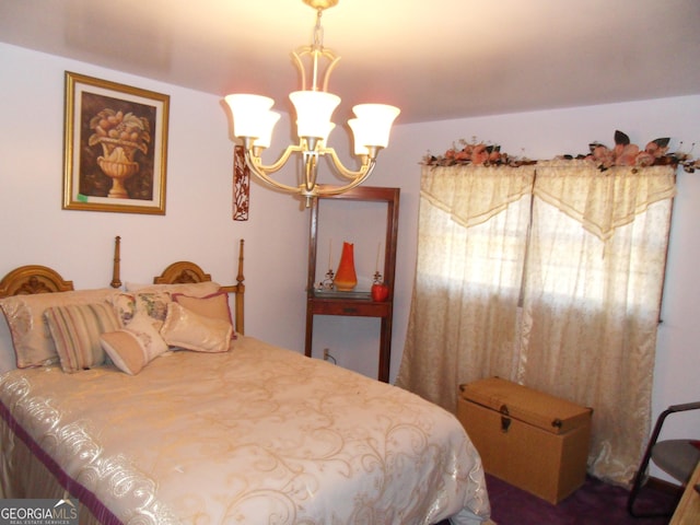 bedroom with a notable chandelier