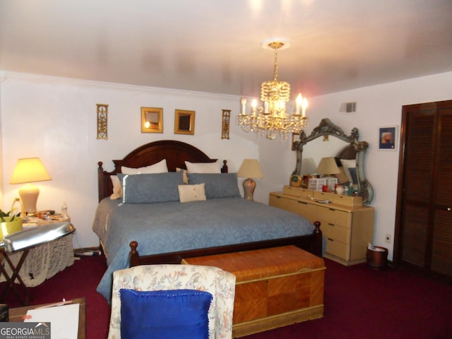 carpeted bedroom with an inviting chandelier and ornamental molding