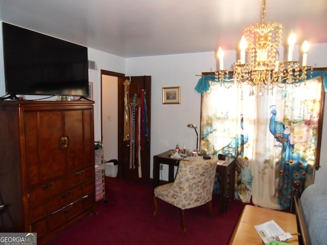 interior space featuring carpet floors and a chandelier