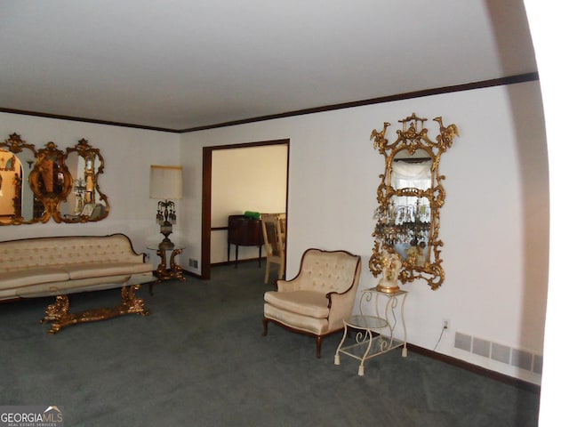 living area featuring carpet floors and ornamental molding