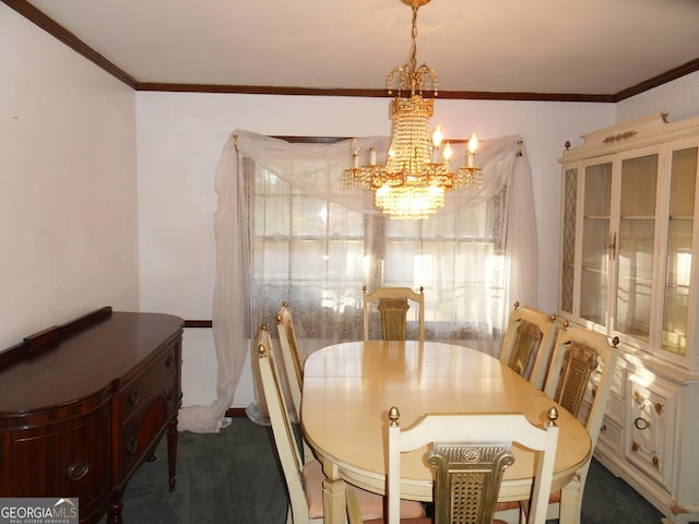 carpeted dining room featuring an inviting chandelier and ornamental molding