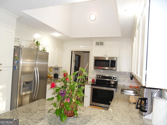 kitchen with light stone countertops, sink, a tray ceiling, white cabinets, and appliances with stainless steel finishes