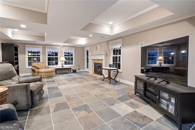 living room featuring a raised ceiling and crown molding