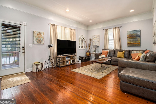 living room featuring dark wood-type flooring and ornamental molding