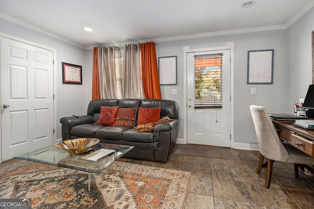 living room with ornamental molding