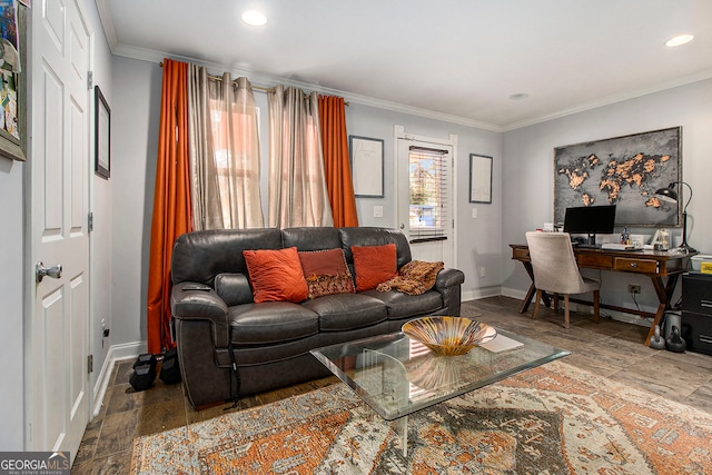 living room with crown molding