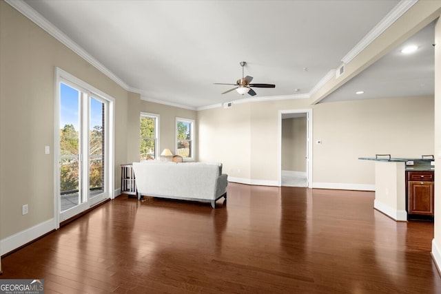 unfurnished bedroom featuring ceiling fan, dark hardwood / wood-style flooring, ornamental molding, and access to outside