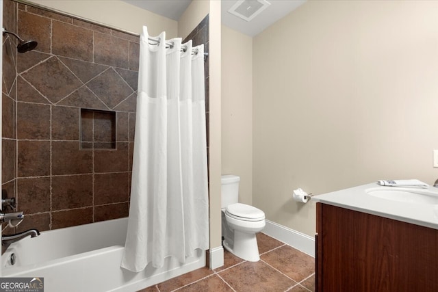 full bathroom with tile patterned flooring, vanity, toilet, and shower / bathtub combination with curtain