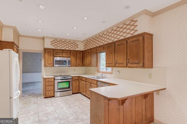 kitchen with sink, light tile patterned floors, ornamental molding, kitchen peninsula, and stainless steel appliances