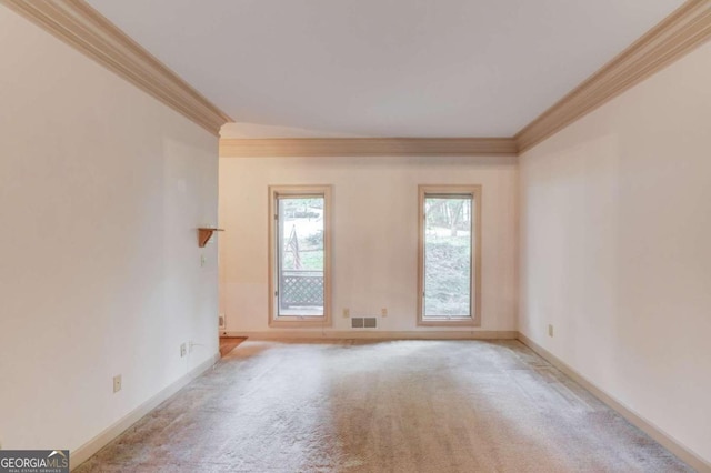 empty room featuring light carpet and crown molding