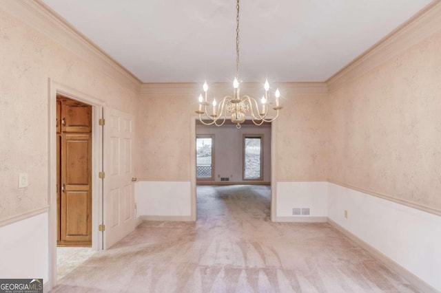 interior space with crown molding, light carpet, and a chandelier