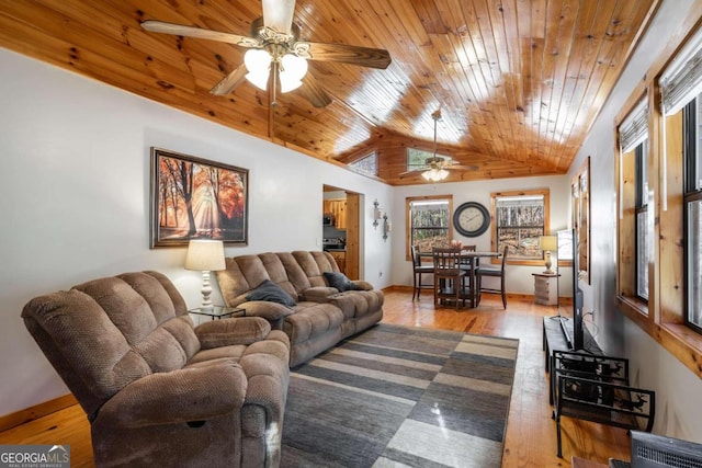 living room featuring wooden ceiling, ceiling fan, lofted ceiling, and light hardwood / wood-style flooring