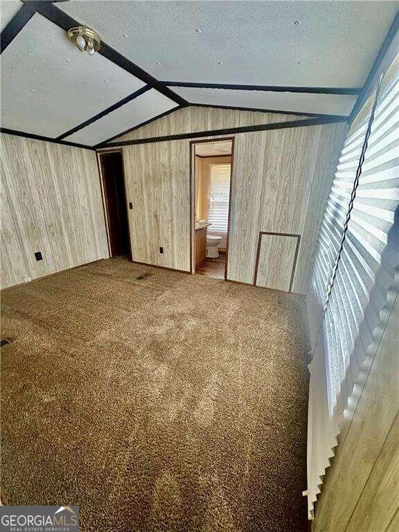 bonus room with carpet, lofted ceiling, a textured ceiling, and wooden walls