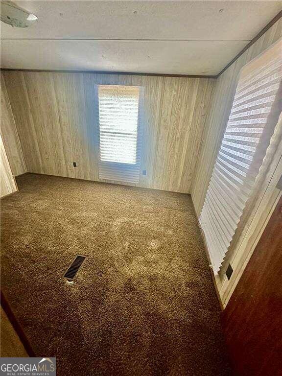 unfurnished room featuring carpet and wood walls