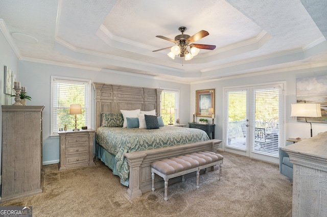 bedroom with a tray ceiling, light colored carpet, and access to outside