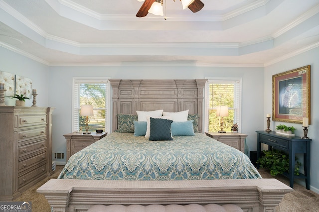 carpeted bedroom with a raised ceiling and crown molding