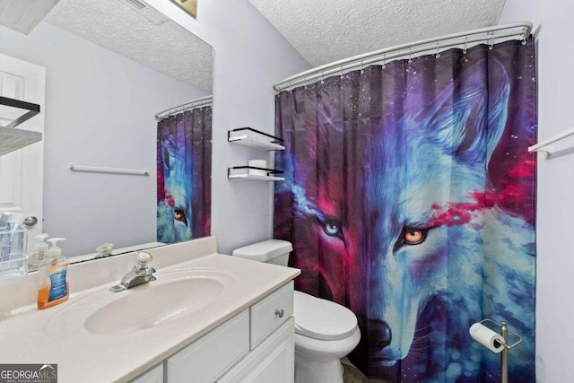 bathroom with vanity, a textured ceiling, and toilet