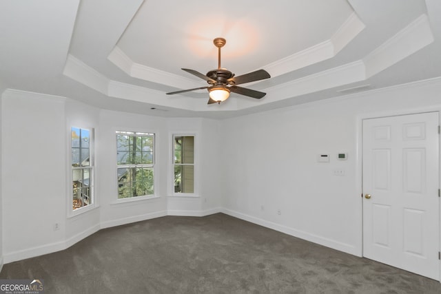 carpeted empty room featuring a raised ceiling and ornamental molding