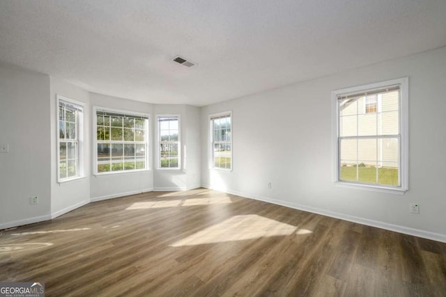 spare room featuring plenty of natural light, dark hardwood / wood-style floors, and a textured ceiling