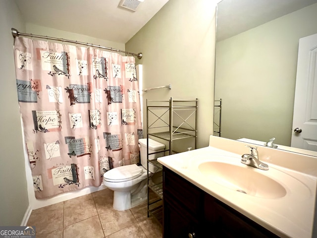 full bathroom with tile patterned floors, vanity, shower / bath combination with curtain, and toilet