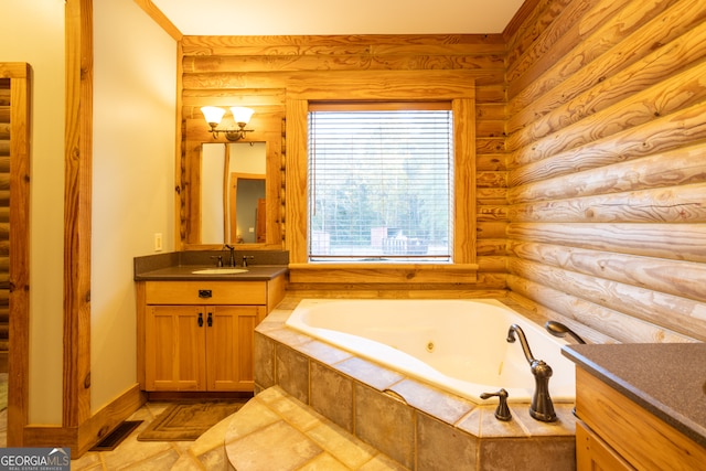 bathroom with vanity, a relaxing tiled tub, and log walls