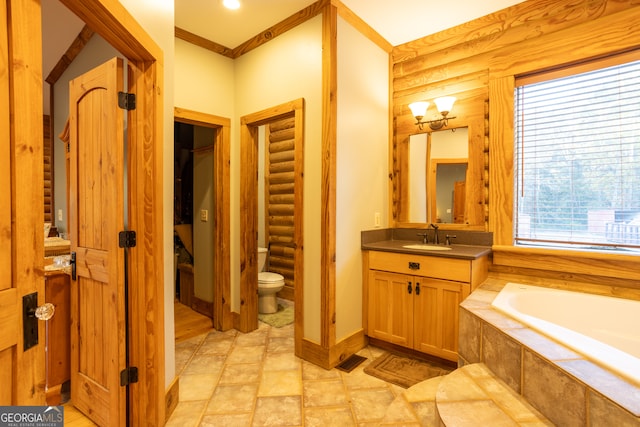 bathroom featuring log walls, a relaxing tiled tub, toilet, and crown molding