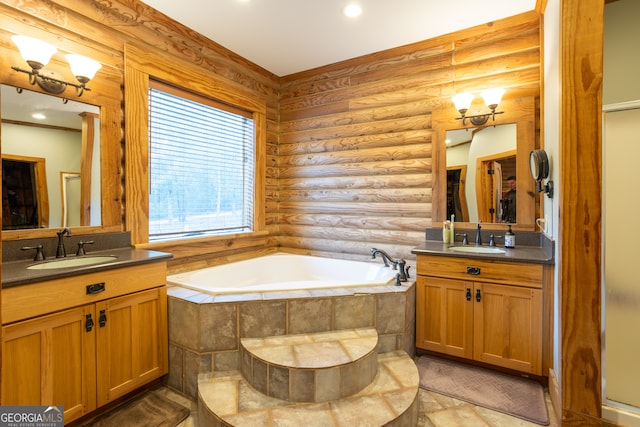 bathroom featuring log walls, vanity, and separate shower and tub