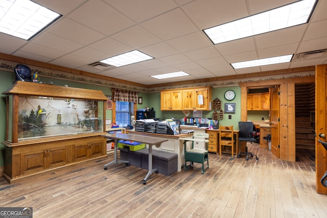 office with a drop ceiling and light hardwood / wood-style flooring