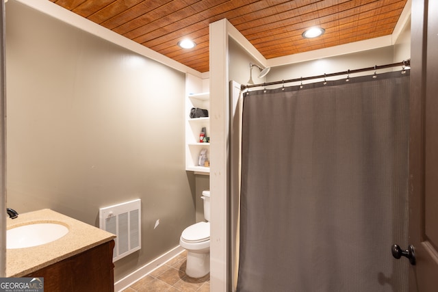 bathroom featuring tile patterned floors, vanity, toilet, and wood ceiling