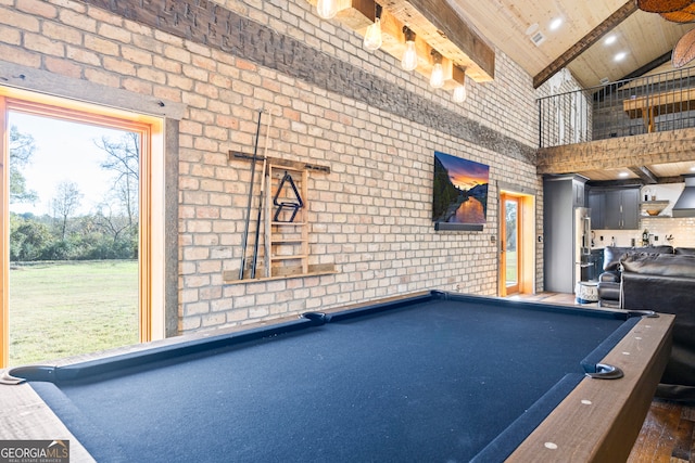 playroom featuring dark hardwood / wood-style floors, pool table, beam ceiling, wood ceiling, and brick wall