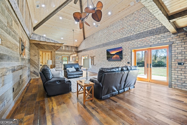 living room featuring beam ceiling, high vaulted ceiling, wooden ceiling, and hardwood / wood-style flooring