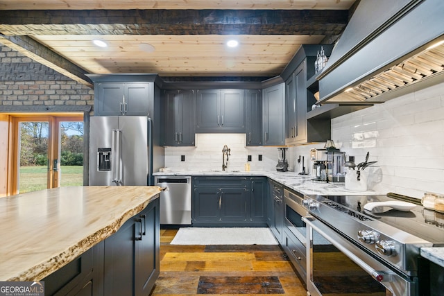 kitchen featuring wooden ceiling, premium range hood, sink, dark hardwood / wood-style floors, and premium appliances