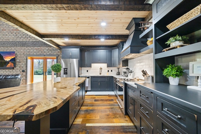 kitchen featuring wooden ceiling, beamed ceiling, dark hardwood / wood-style flooring, butcher block counters, and stainless steel appliances