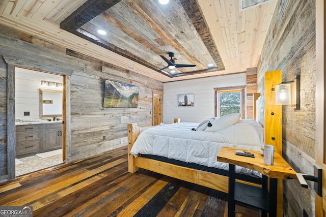 bedroom featuring connected bathroom, wood walls, dark hardwood / wood-style flooring, and wood ceiling