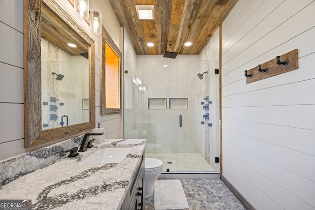 bathroom featuring toilet, walk in shower, wooden walls, and wood ceiling