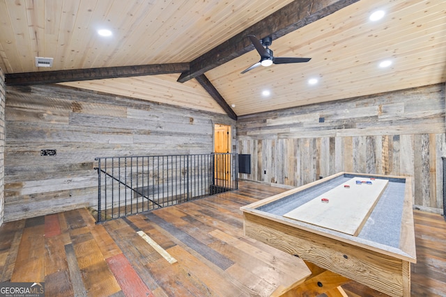 rec room featuring ceiling fan, lofted ceiling with beams, wooden ceiling, hardwood / wood-style floors, and wood walls