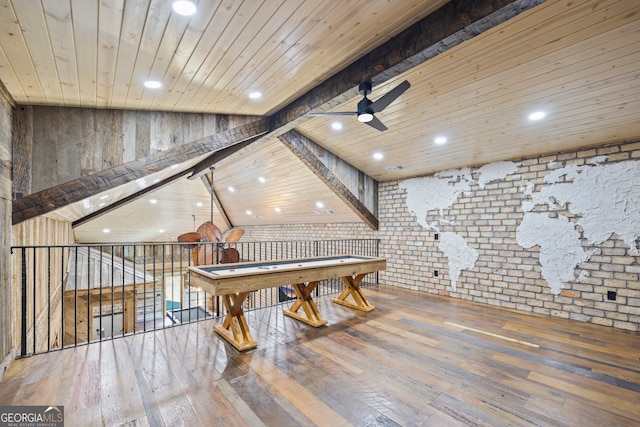 game room featuring billiards, hardwood / wood-style flooring, vaulted ceiling with beams, ceiling fan, and wood ceiling