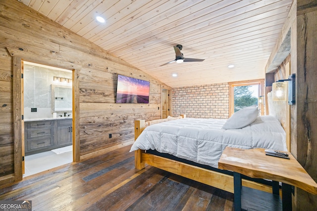 bedroom featuring ceiling fan, dark hardwood / wood-style flooring, wood walls, vaulted ceiling, and wood ceiling