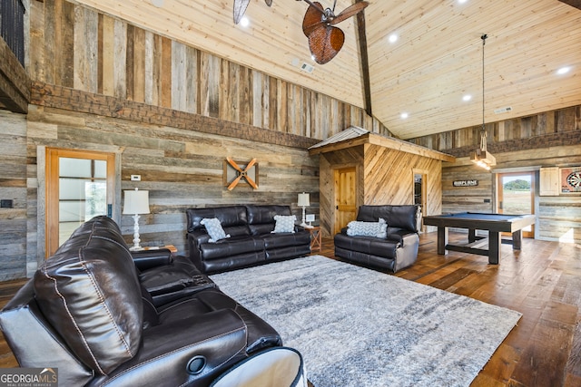 living room featuring ceiling fan, dark wood-type flooring, wooden walls, high vaulted ceiling, and pool table