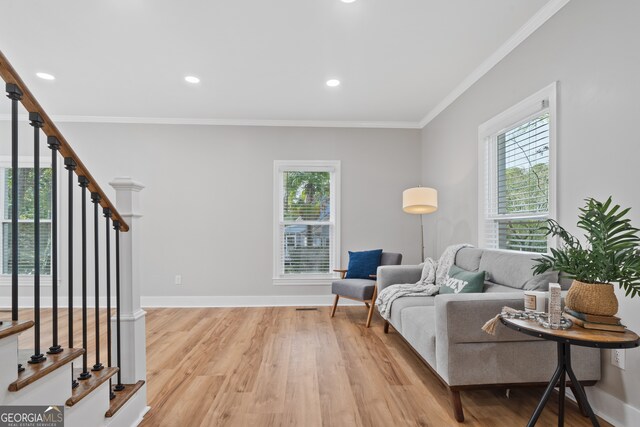 living room featuring plenty of natural light, light hardwood / wood-style floors, and ornamental molding