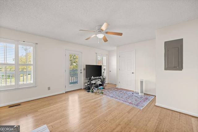 unfurnished living room featuring electric panel, ceiling fan, light hardwood / wood-style flooring, and a textured ceiling