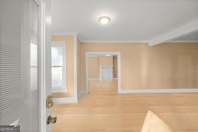 hallway with light hardwood / wood-style flooring and ornamental molding