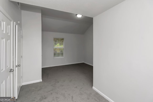 carpeted spare room featuring a textured ceiling and lofted ceiling