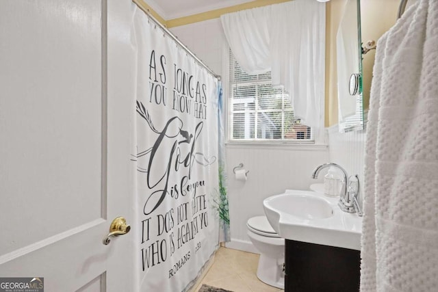 bathroom featuring tile patterned floors, vanity, toilet, and a shower with curtain