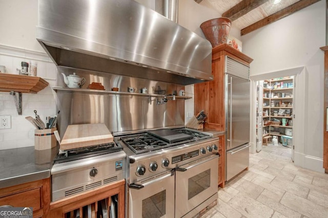 kitchen featuring ventilation hood, beam ceiling, high quality appliances, and tasteful backsplash