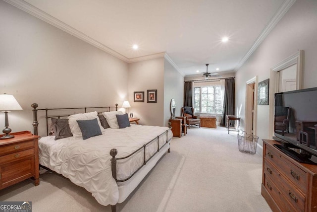 bedroom featuring light colored carpet and ornamental molding