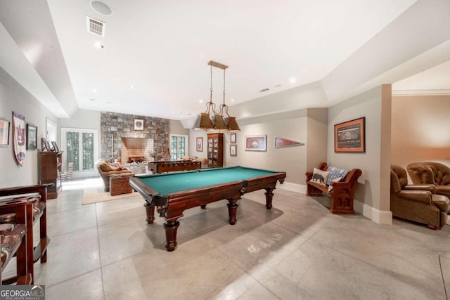 playroom featuring a fireplace and billiards