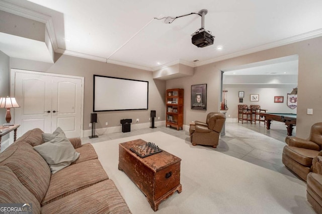 home theater featuring light colored carpet, ornamental molding, and pool table