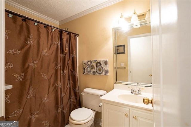 bathroom with ornamental molding, a textured ceiling, toilet, and vanity